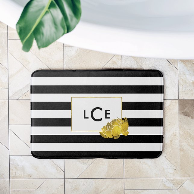 Black Stripe & Faux Gold Peony Monogram Bath Mat (Creator Uploaded)