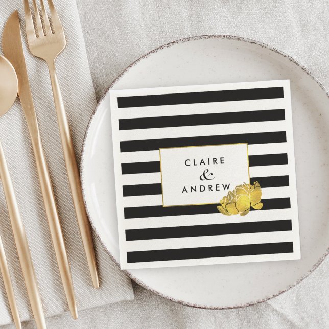 Black Stripe & Faux Gold Peony Napkin (Creator Uploaded)