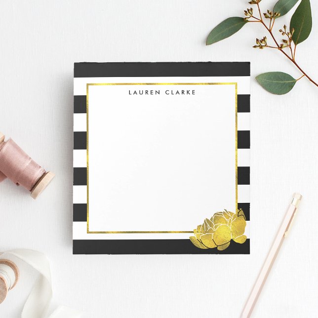 Black Stripe & Faux Gold Peony Personalised Notepad (Creator Uploaded)