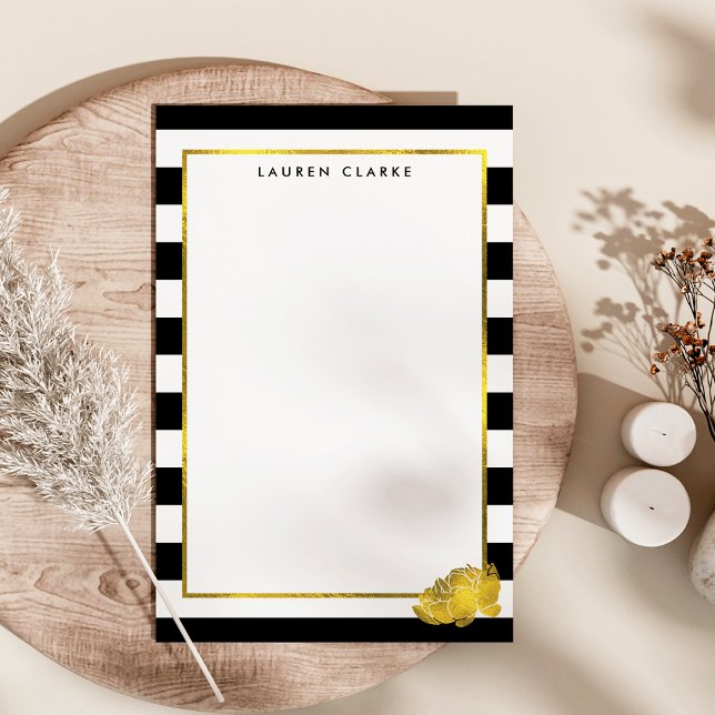 Black Stripe & Faux Gold Peony Personalised Stationery (Creator Uploaded)