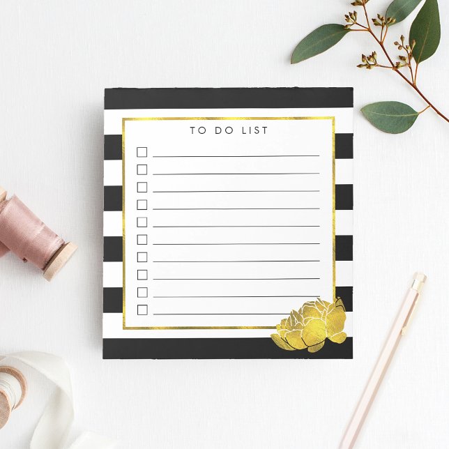 Black Stripe & Faux Gold Peony To Do List Notepad (Creator Uploaded)