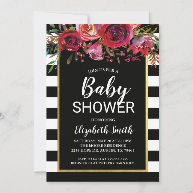 Black Stripe Floral Baby Shower Invitation (Front)