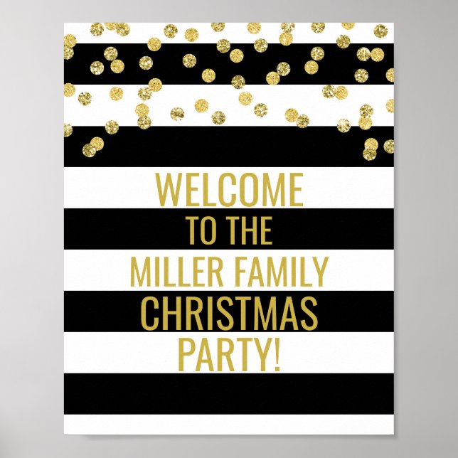 Black Stripe Gold Confetti Welcome Christmas Party Poster (Front)