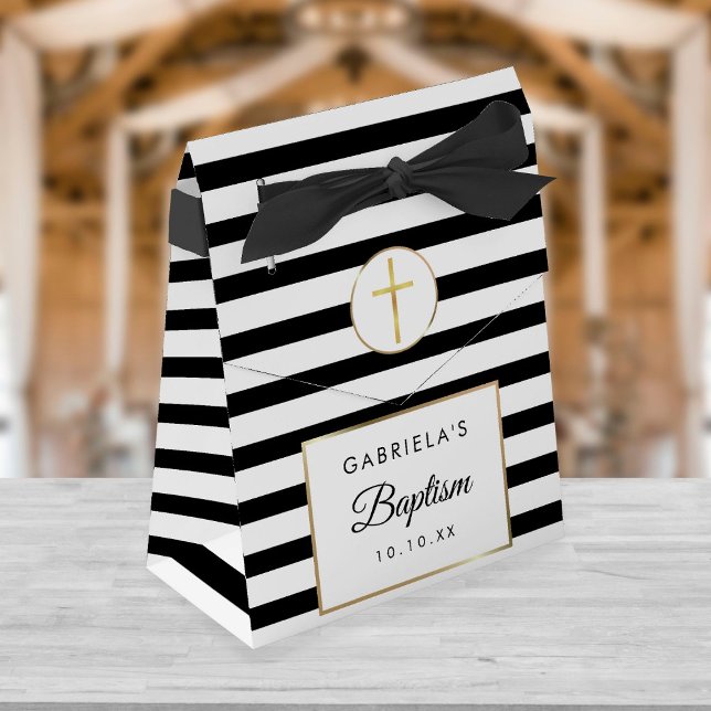 Black Stripe Gold Cross Baptism Christening Favour Box (Creator Uploaded)