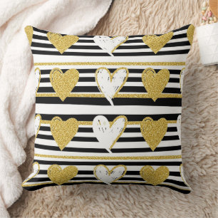Black Stripe Gold Heart Glam Pattern (1) Cushion