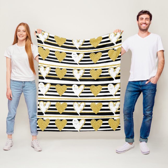 Black Stripe Gold Heart Glam Pattern (1) Fleece Blanket (In Situ)