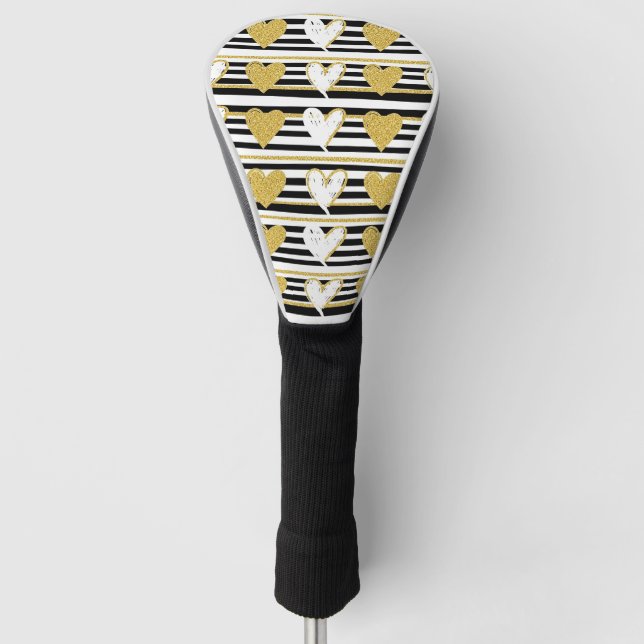 Black Stripe Gold Heart Glam Pattern (1) Golf Head Cover (Front)