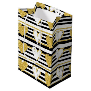 Black Stripe Gold Heart Glam Pattern (1) Medium Gift Bag