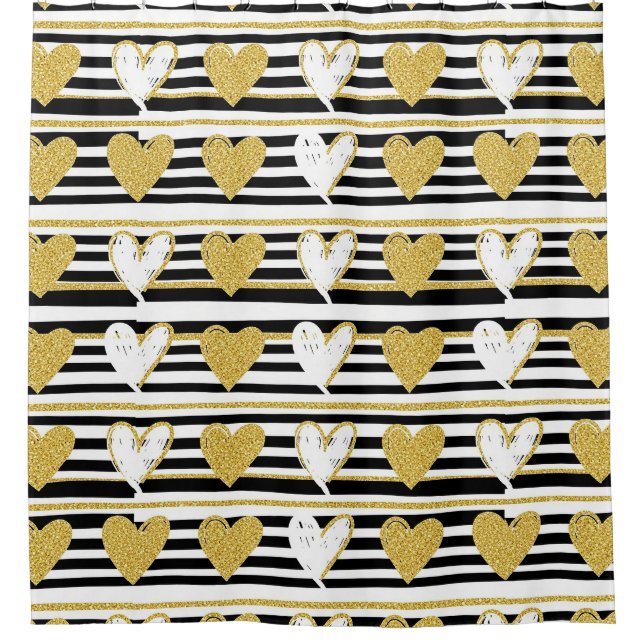 Black Stripe Gold Heart Glam Pattern (1) Shower Curtain (Front)