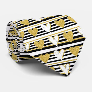 Black Stripe Gold Heart Glam Pattern (1) Tie