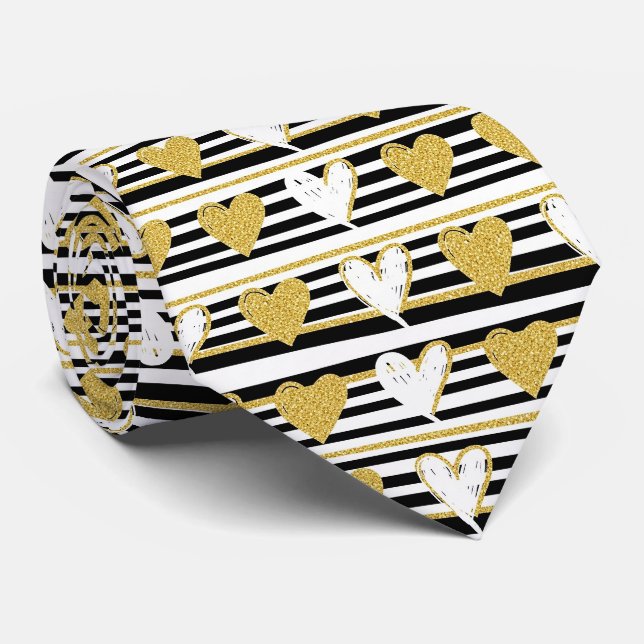 Black Stripe Gold Heart Glam Pattern (1) Tie (Rolled)