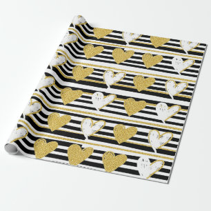 Black Stripe Gold Heart Glam Pattern (1) Wrapping Paper