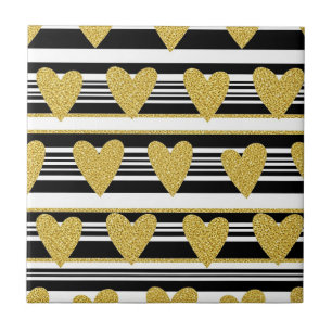Black Stripe Gold Heart Glam Pattern (2) Tile