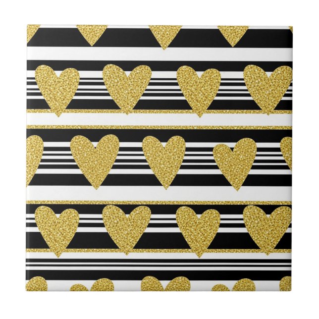 Black Stripe Gold Heart Glam Pattern (2) Tile (Front)