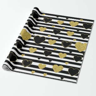 Black Stripe Gold Heart Glam Pattern (7) Wrapping Paper
