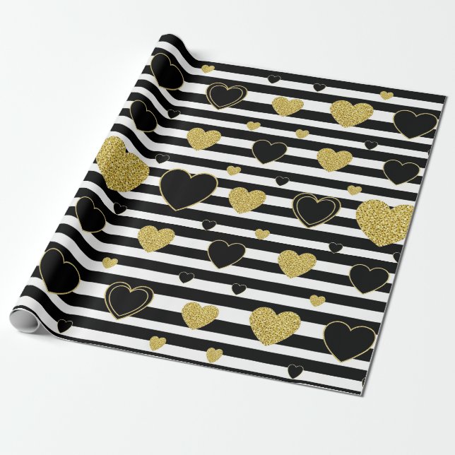 Black Stripe Gold Heart Glam Pattern (7) Wrapping Paper (Unrolled)