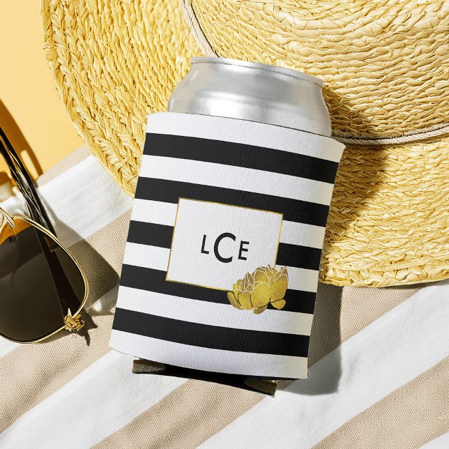 Black Stripe & Gold Peony Monogram Can Cooler (Creator Uploaded)