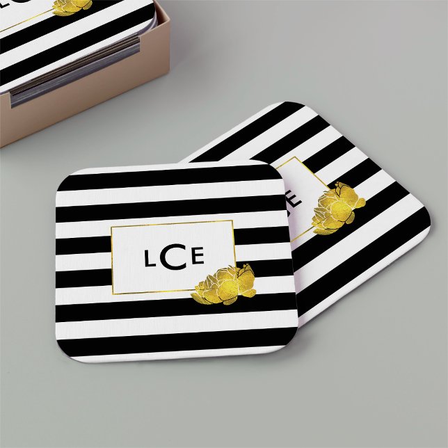 Black Stripe & Gold Peony Monogram Coasters (Creator Uploaded)