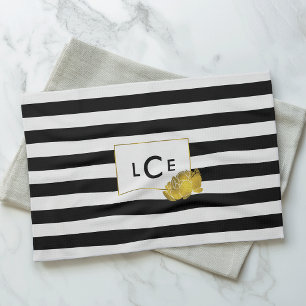 Black Stripe & Gold Peony Monogram Towel
