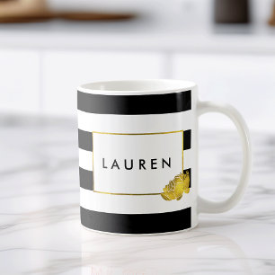 Black Stripe & Gold Peony Personalised Mug