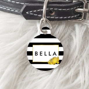 Black Stripe & Gold Peony Personalised Pet Tag