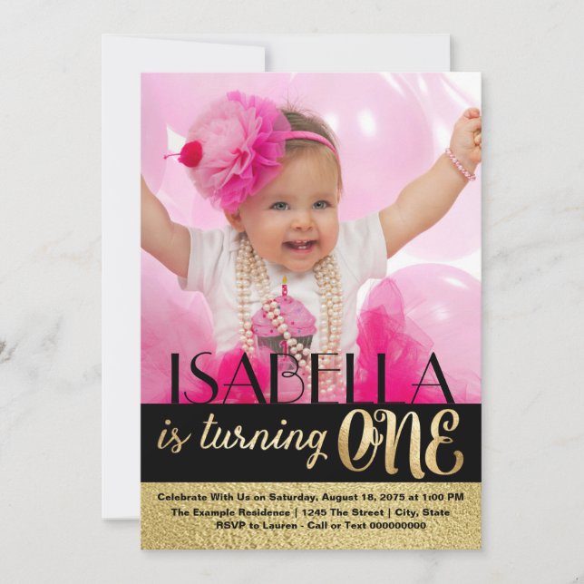 Black Stripe Gold Photo First Birthday Invitation (Front)
