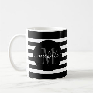Black Stripe Monogram Circle Script Modern Elegant Coffee Mug