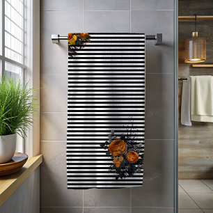 Black Stripe Orange Flower Rose Bath Halloween Towel Set