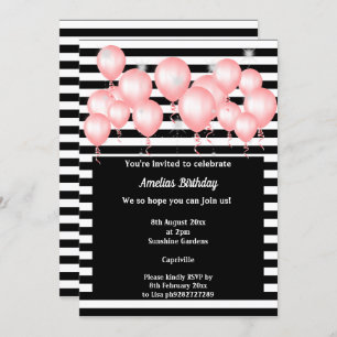 BLACK STRIPE PINK BALLOON BIRTHDAY PARTY INVITATION