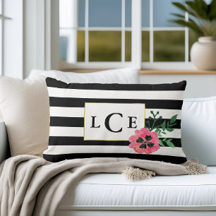 Black Stripe & Pink Floral Monogram Throw Pillow