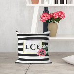 Black Stripe & Pink Floral Monogram Throw Pillow<br><div class="desc">Throw pillow features chic black and white stripes with a pretty watercolor pansy flower and faux gold accents. Customise with a monogram,  name or text of your choice!</div>