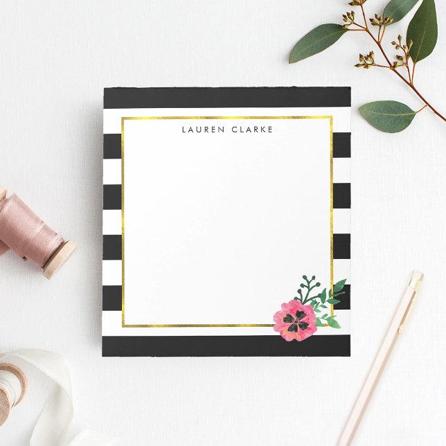 Black Stripe & Pink Floral Personalised Notepad (Creator Uploaded)