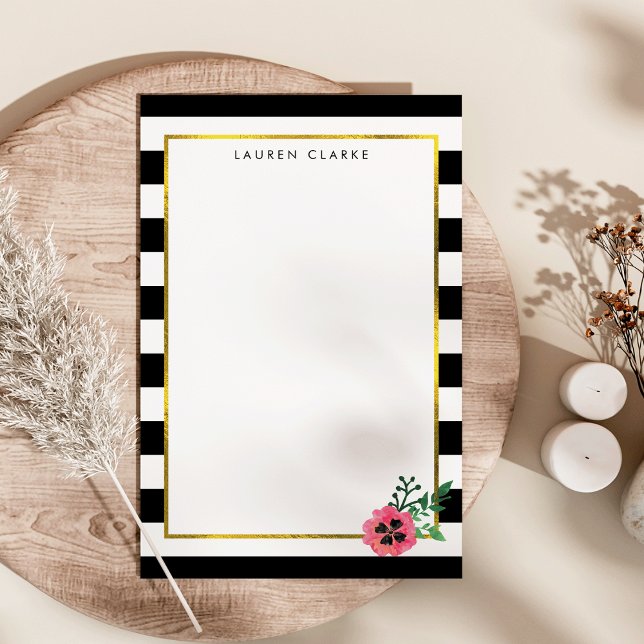 Black Stripe & Pink Floral Personalised Stationery (Creator Uploaded)