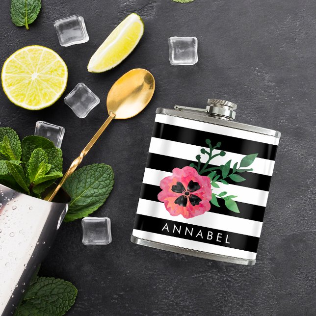 Black Stripe & Pink Floral Personalized Flask (Creator Uploaded)