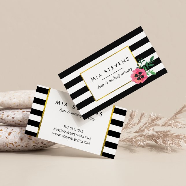 Black Stripe & Pink Flower Business Cards (Creator Uploaded)