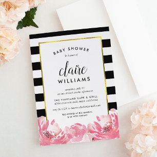 Black Stripe & Pink Peony Baby Shower Invitation