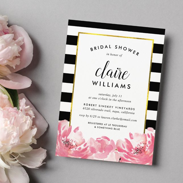 Black Stripe & Pink Peony Bridal Shower Invitation (Creator Uploaded)