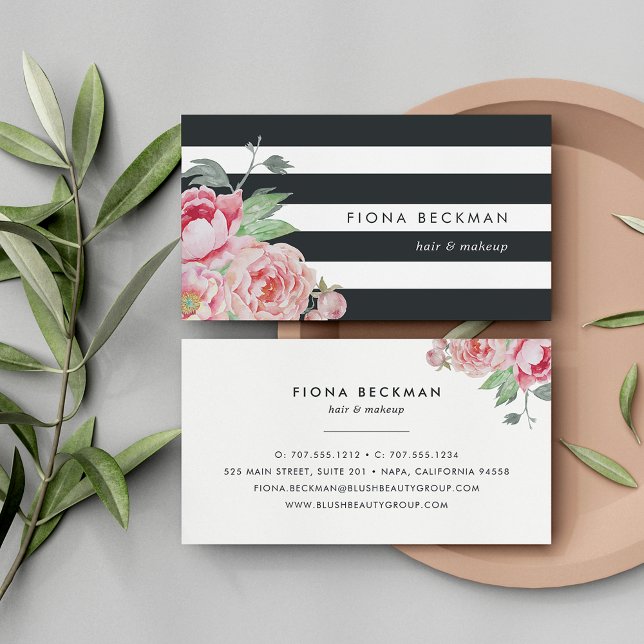 Black Stripe & Pink Peony Business Card (Creator Uploaded)