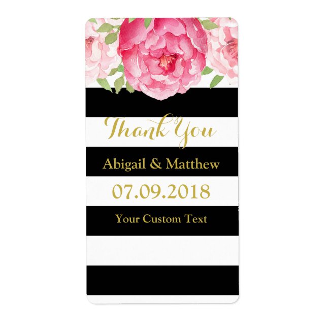 Black Stripe Pink Watercolor Floral Wedding Labels (Front)