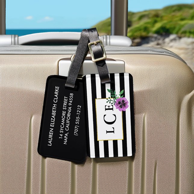 Black Stripe & Purple Pansy Monogram Luggage Tag (Creator Uploaded)