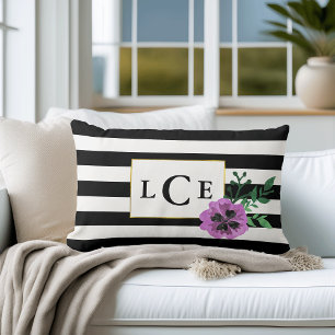 Black Stripe & Purple Pansy Monogram Throw Pillow