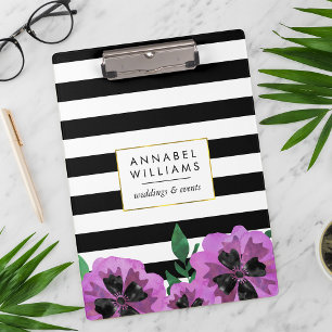Black Stripe & Purple Pansy Personalised Clipboard