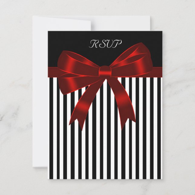 Black Stripe Red Bow Wedding RSVP Card (Front)