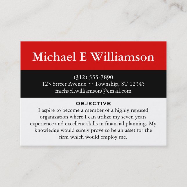 Black Stripe Red RESUME Business Cards (Front)