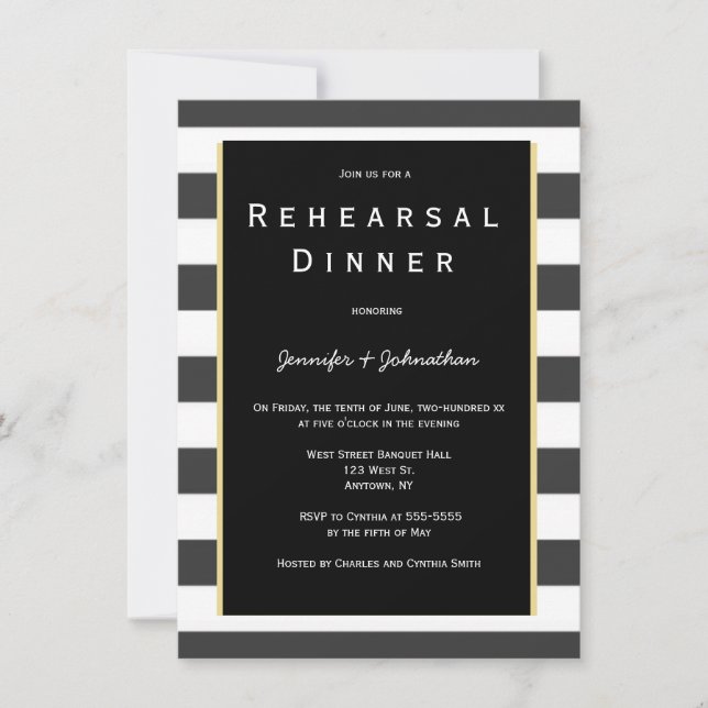 Black stripe rehearsal dinner invitations (Front)