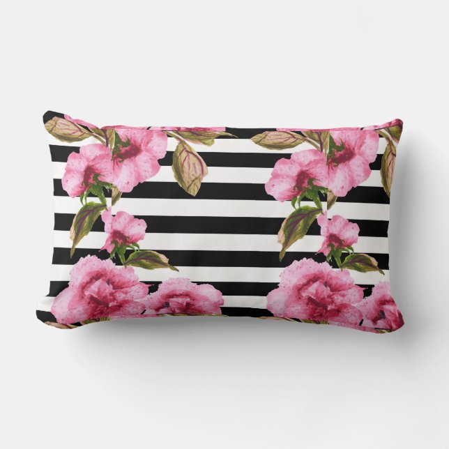 Black Stripe Rose Reversible  Lumbar Pillow (Front)