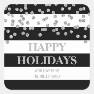 Black Stripe Silver Confetti Happy Holidays Custom Square Sticker