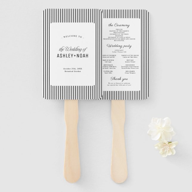 Black Striped Elegance Classy Wedding Program Hand Fan (Front and Back)
