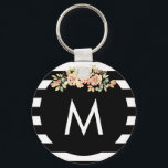 Black Striped Floral Monogrammed Key Ring<br><div class="desc">Black Striped Floral Monogrammed Keychain</div>