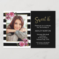 Black Striped Floral Sweet 16 Birthday Invitation